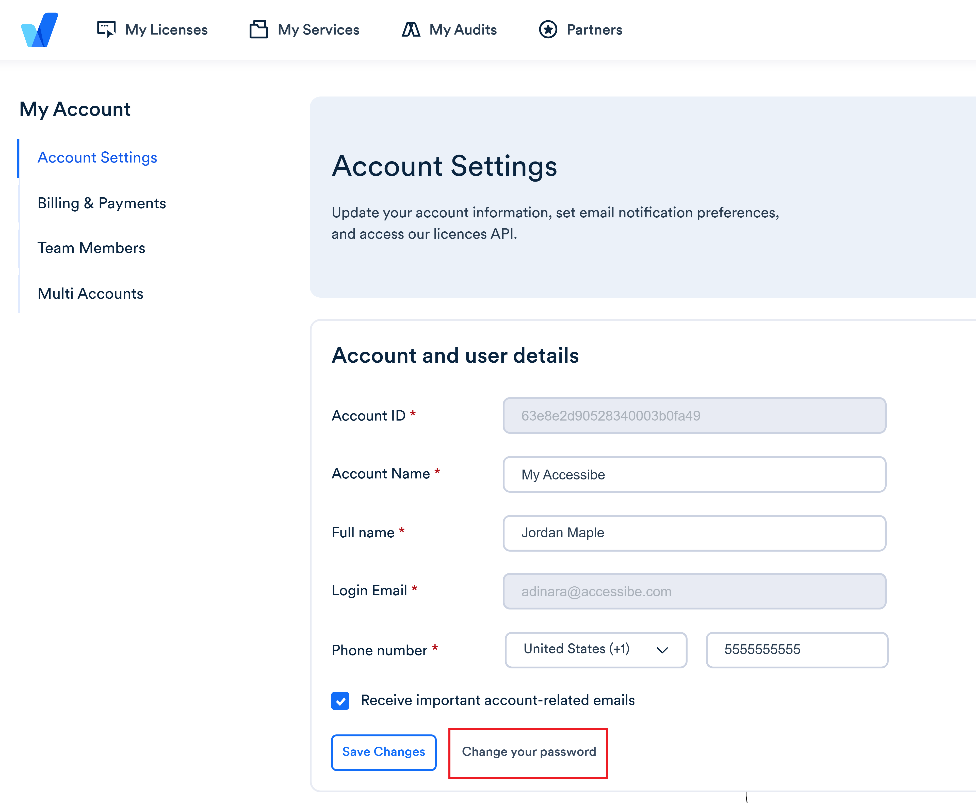 Screenshot of reset password